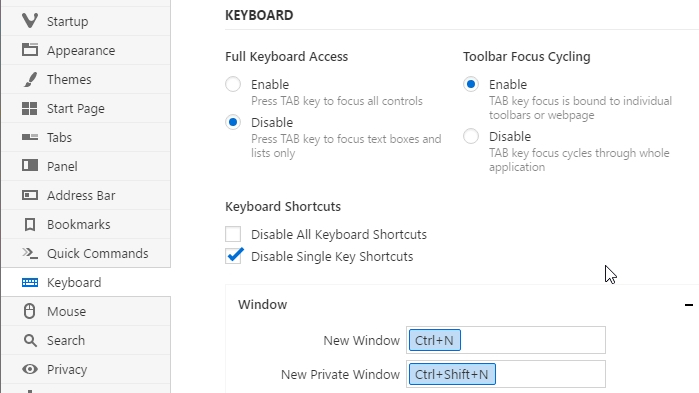 Vivaldi customizable keyboard shortcuts