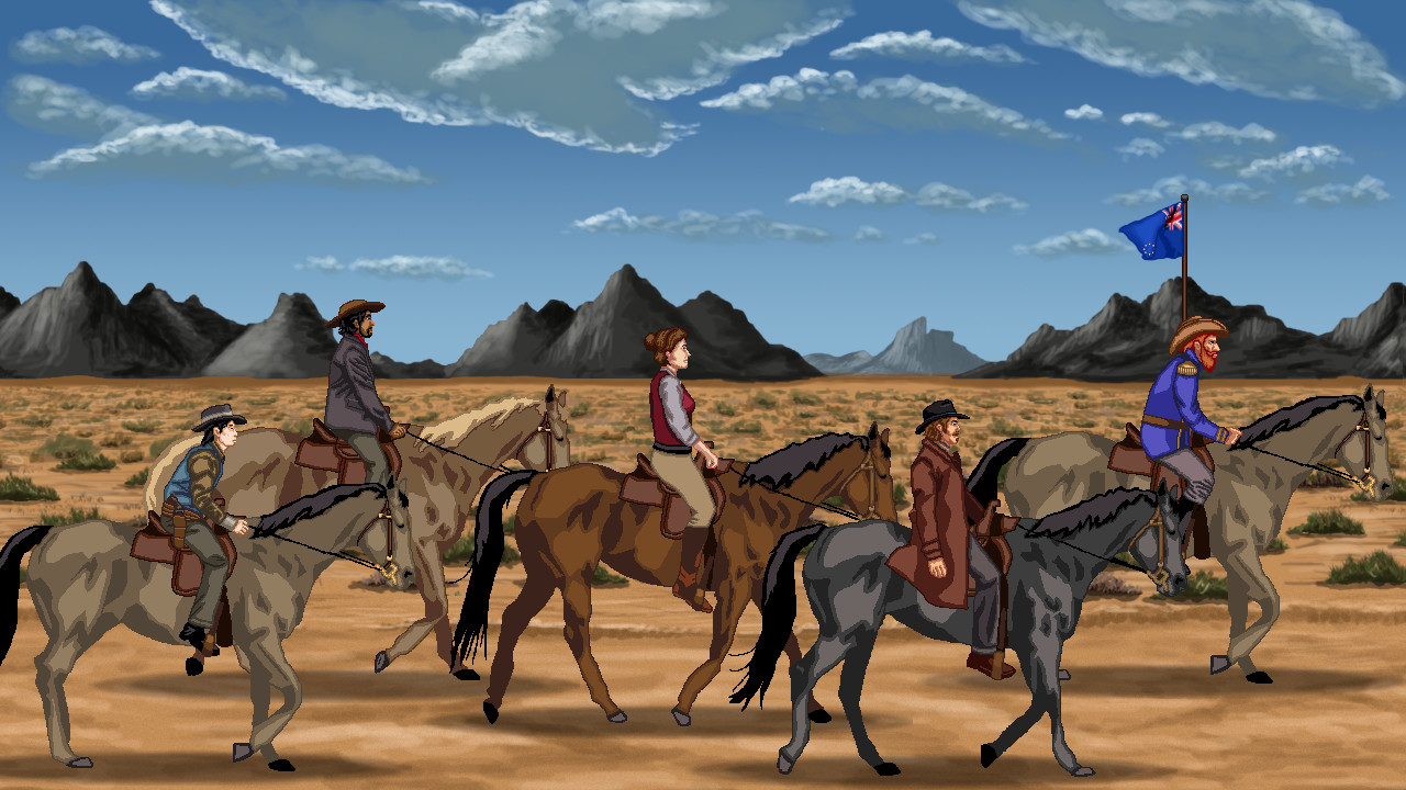 Five people riding through the desert on a house, left to right, in Rosewater