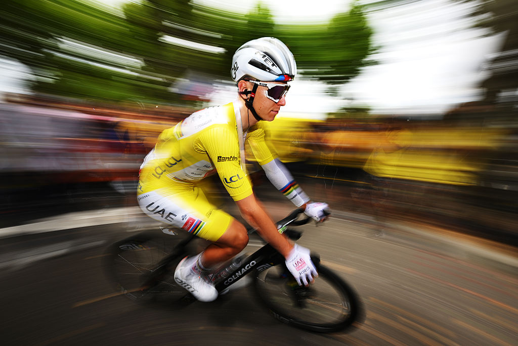 BOLLENE, FRANCE - JULY 23: Tadej Pogacar of Slovenia and UAE Team Emirates - XRG - Yellow leader jersey prior to the 112th Tour de France 2025, Stage 17 a 160.4km stage from Bollene to Valence / #UCIWT / on July 23, 2025 in Bollene, France. (Photo by Dario Belingheri/Getty Images)