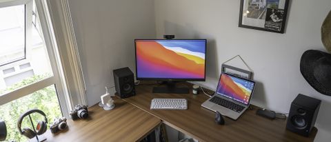 The Brodan L-shaped standing desk in a home office