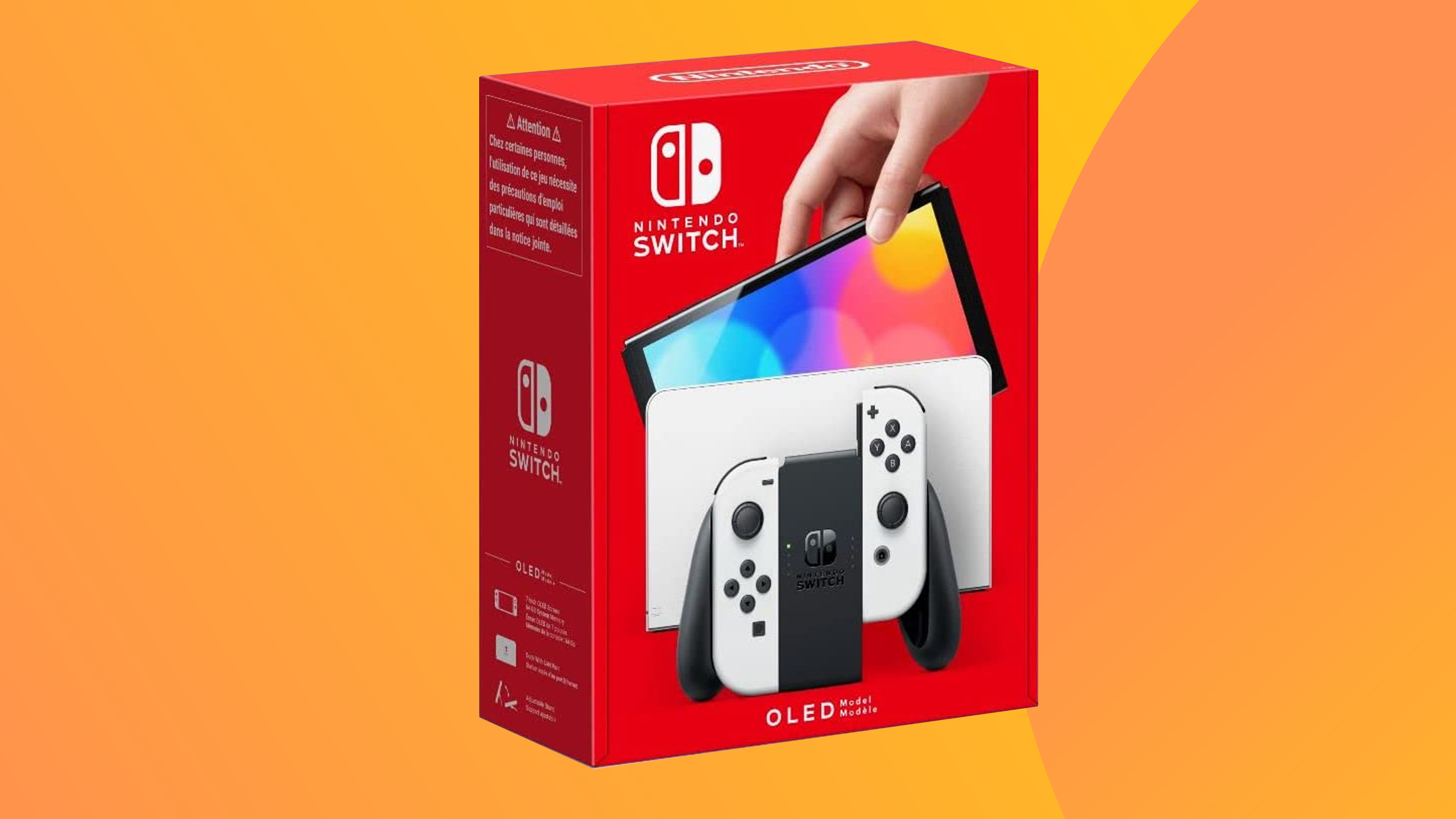 A product shot of the Nintendo Switch OLED on a colourful background