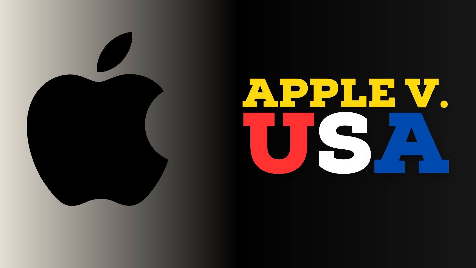 Apple USA landmark lawsuit with Apple logo on left and Apple v. USA on right