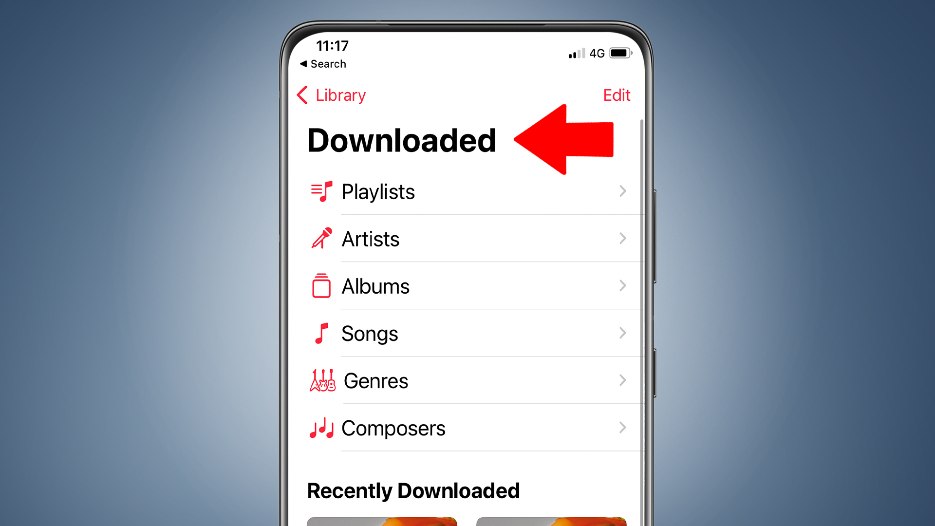An iPhone on a blue background showing the Apple Music Classical app