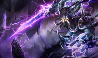 A purple alien with a purple sword