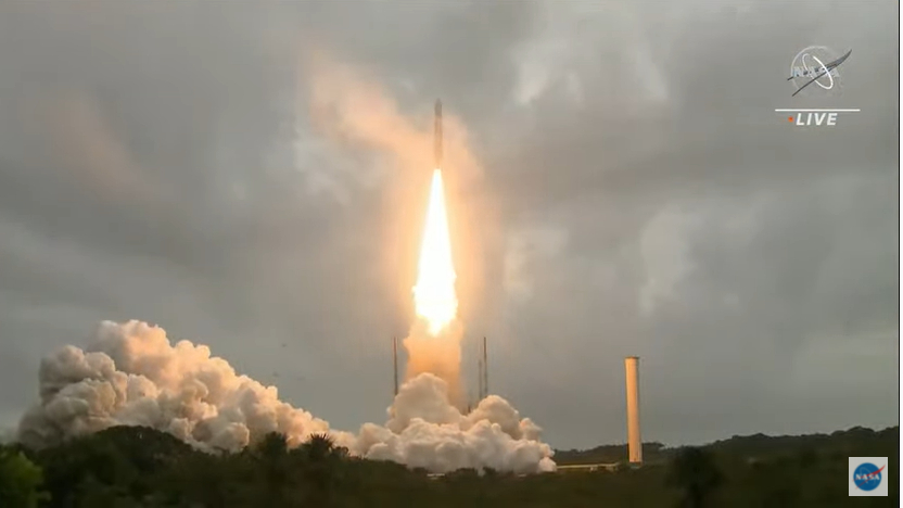 An Ariane 5 rocket carrying NASA's James Webb Space Telescope launches into the sky from Guiana Space Center in Kourou, French Guiana on Dec. 25, 2021.