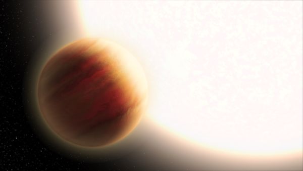 Artist's illustration of the super-hot exoplanet WASP-79b, located 780 light-years away. The planet orbits precariously close to a star that is much hotter than our sun. The planet is larger than Jupiter, and its very deep, hazy atmosphere sizzles at 3,000 degrees Fahrenheit  --  the temperature of molten glass. [(Image: © NASA, ESA and L. Hustak (STScI)]