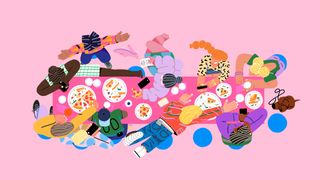 Illustration of colourful characters enjoying dinner