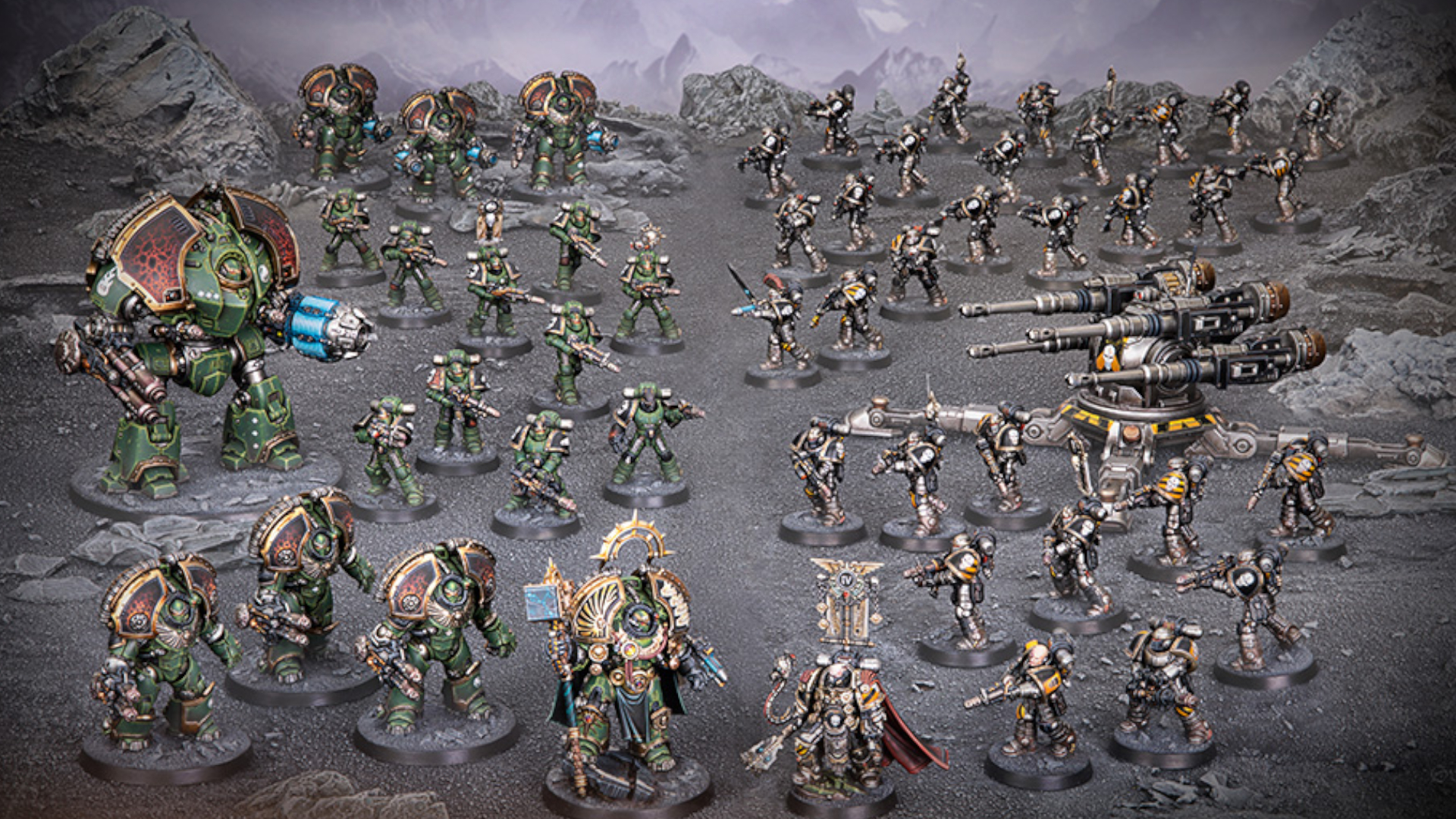 Warhammer The Horus Heresy models from the Saturnine box facing off against each other on a gray background
