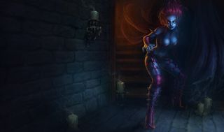 A purple female dominatrix