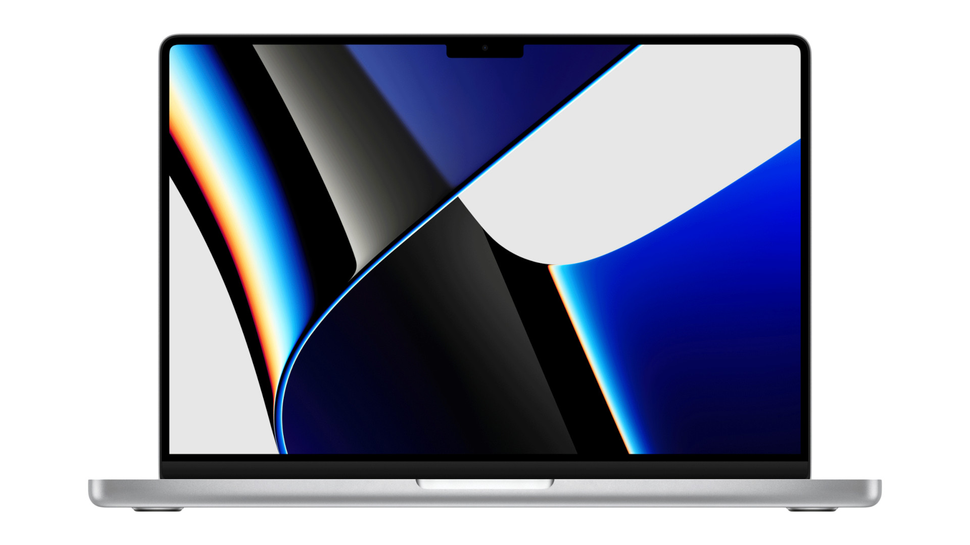 A MacBook Pro 14-inch (2021) against a white backdrop, displaying an abstract blue desktop background