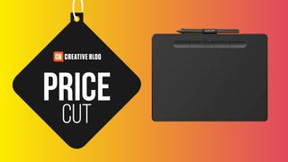 a product image of the wacom intuos comfort plus digital tablet on a colourful background with the words price cut