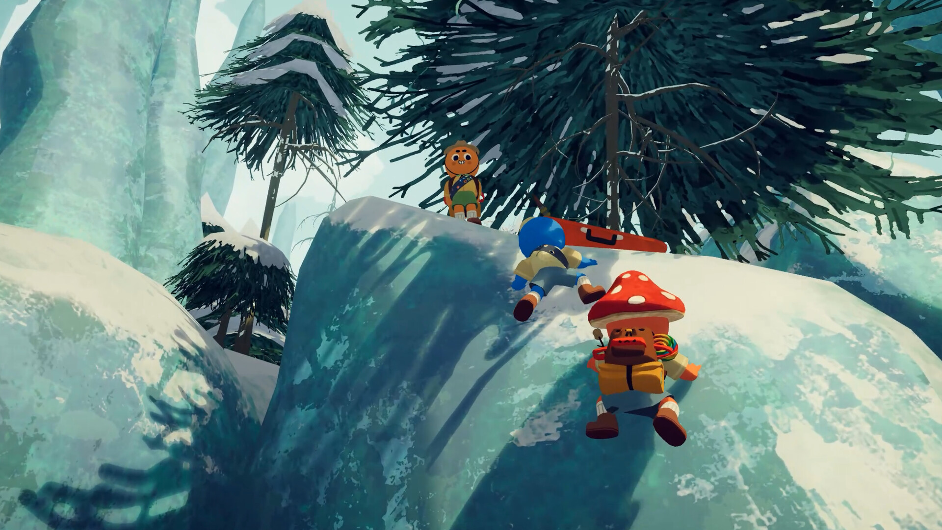 Peak screenshot showing players climbing an icy cliff