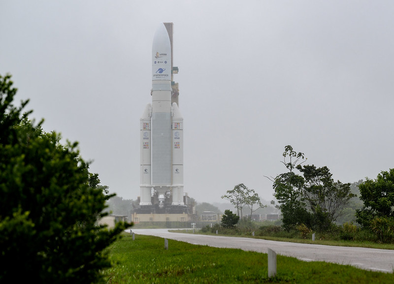 The Ariane 5 rocket carrying NASA's James Webb Space Telescope rolled out to the launch pad on Dec. 23, 2021.