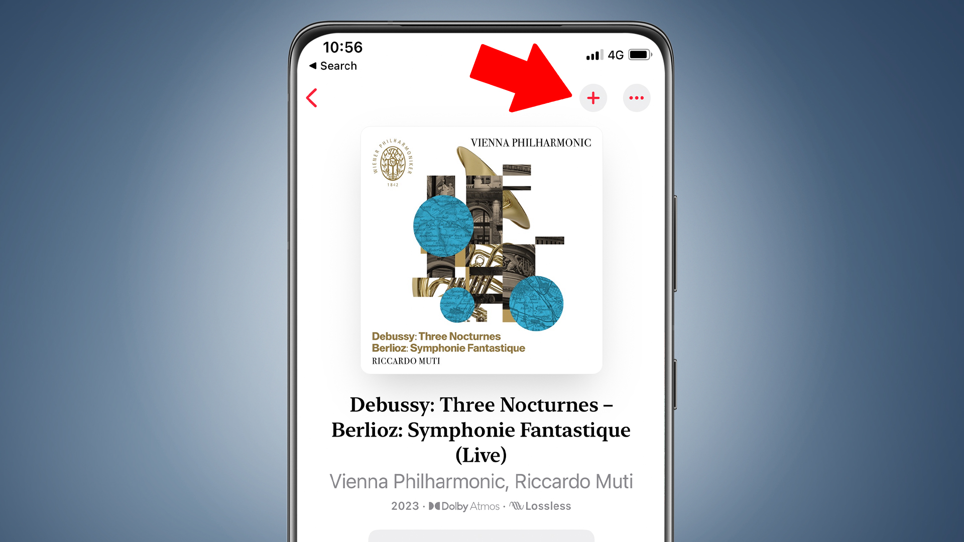 A phone screen on a blue background showing Apple Music Classical