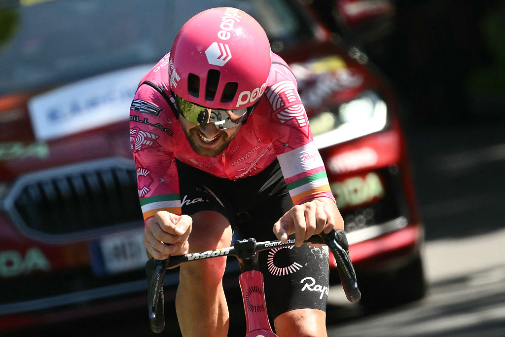 EF Education - EasyPost team&#039;s Irish rider Ben Healy cycles in a lone breakaway during the 6th stage of the 112th edition of the Tour de France cycling race, 201.5 km between Bayeux and Vire Normandie, Northwestern France, on July 10, 2025. (Photo by Marco BERTORELLO / AFP) (Photo by MARCO BERTORELLO/AFP via Getty Images)