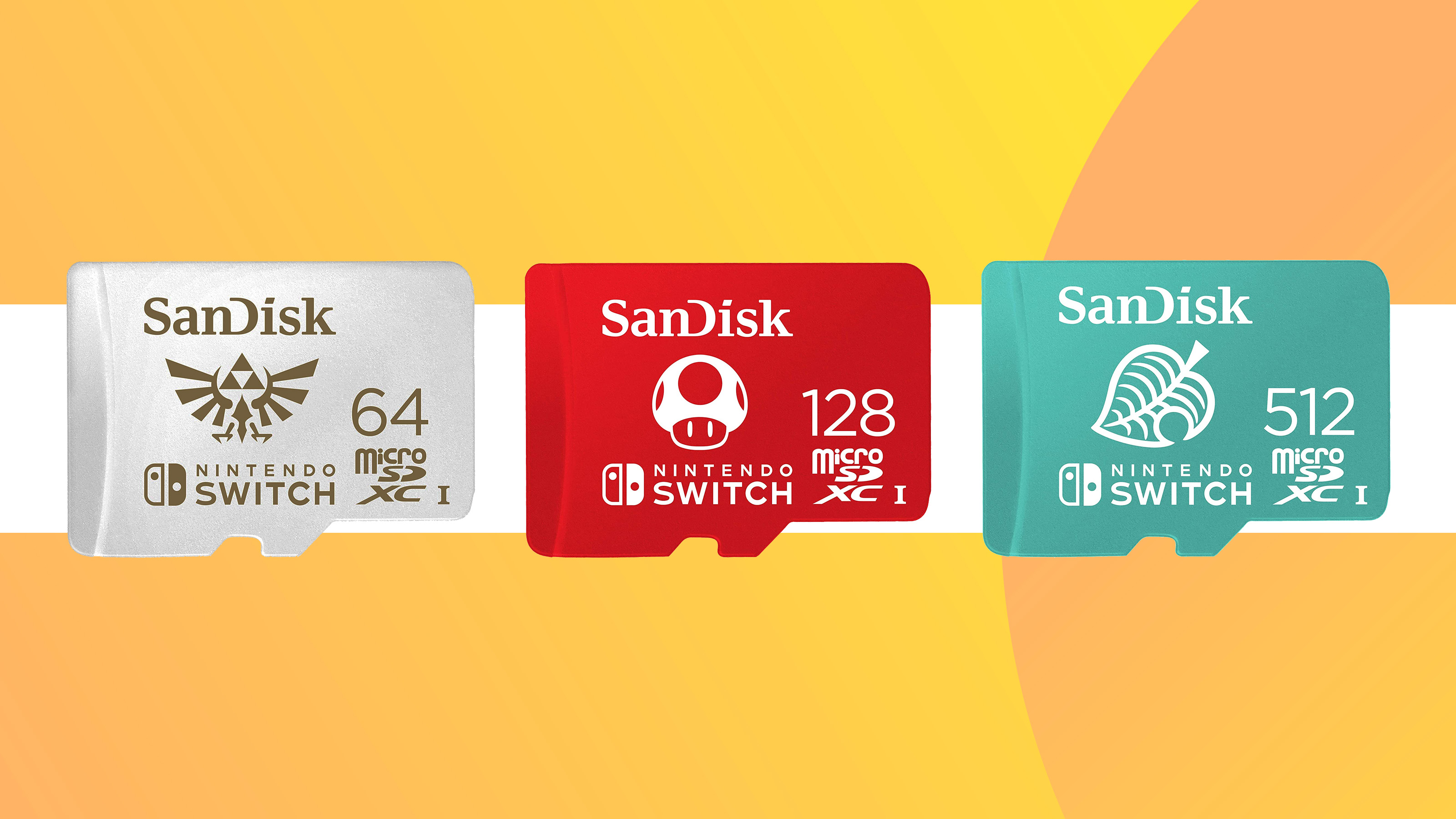 Product shots of the SanDisk Switch MicroSDs on a colourful background
