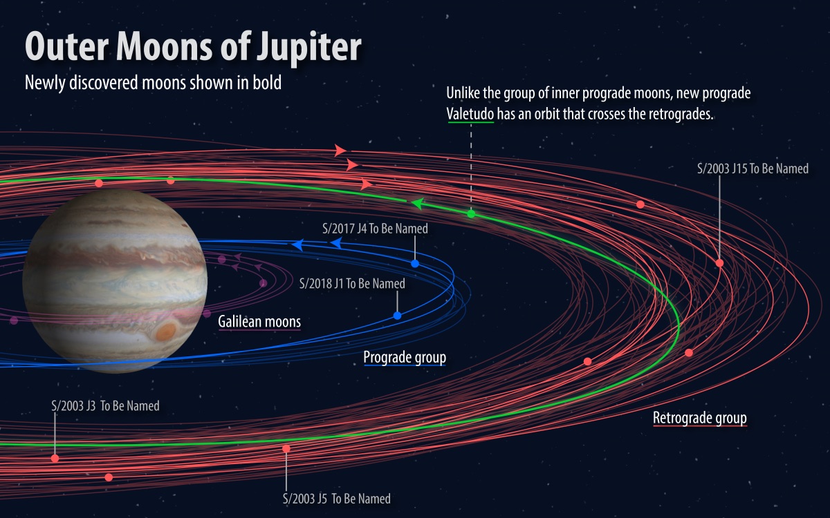 A diagram shows the five recently-discovered moons of Jupiter that scientists need to name. (Image: © Roberto Molar Candanosa/Carnegie Institution for Science)