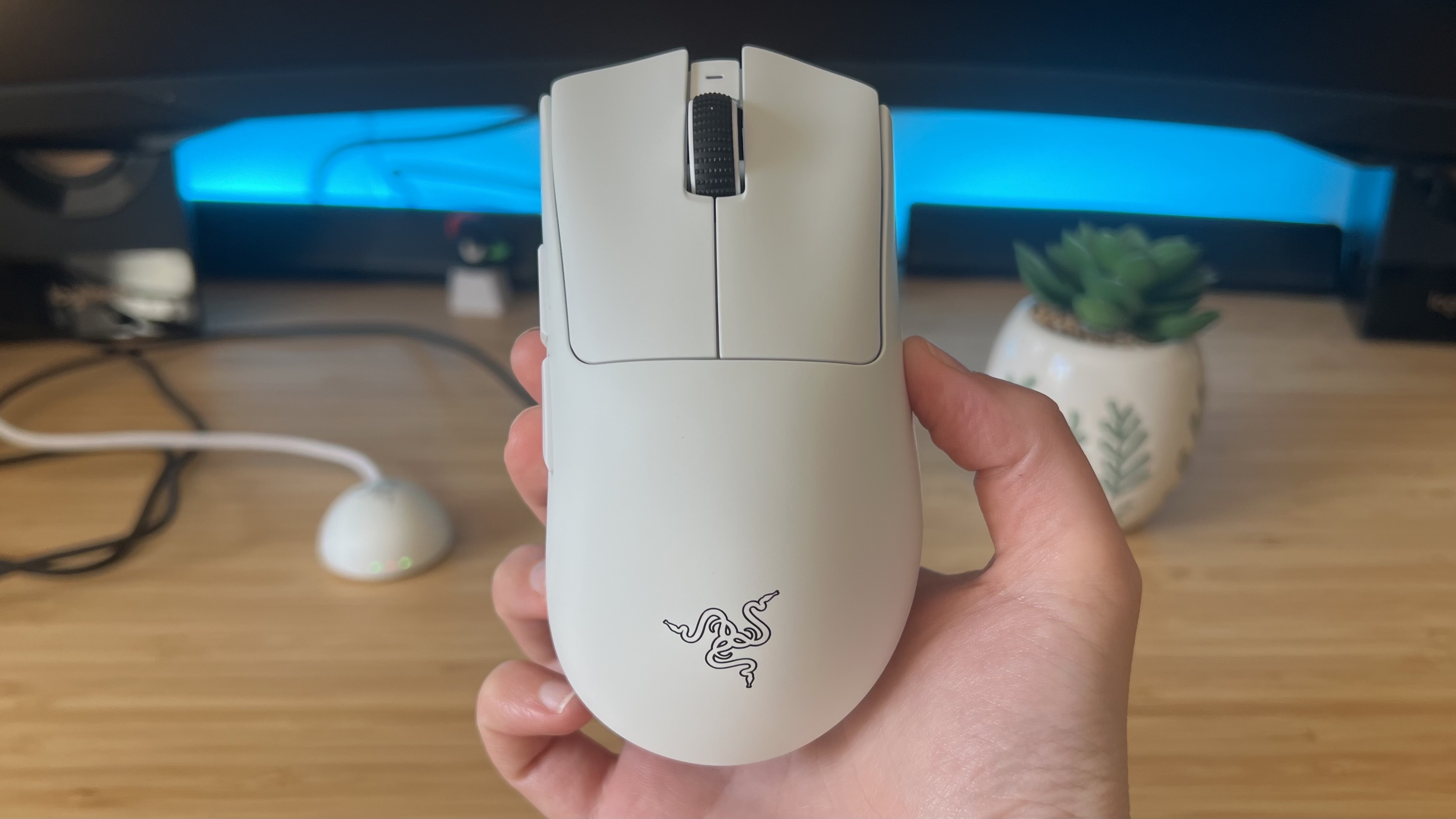 Hand holding Razer Deathadder V4 Pro gaming mouse against a gaming setup
