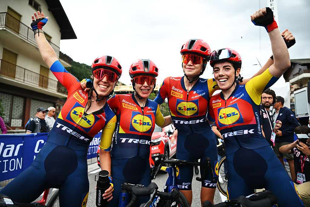 APRICA, ITALY - JULY 07: (L-R) Shirin Van Anrooij of Netherlands, Amanda Spratt of Australia, Isabella Holmgren of Canada and stage winner Anna Henderson of Great Britain and Team Lidl - Trek react after the 36th Giro d'Italia Women 2025, Stage 2 a 92km stage from Clusone to Aprica 1174m / #UCIWWT / on July 07, 2025 in Aprica, Italy. (Photo by Luc Claessen/Getty Images)