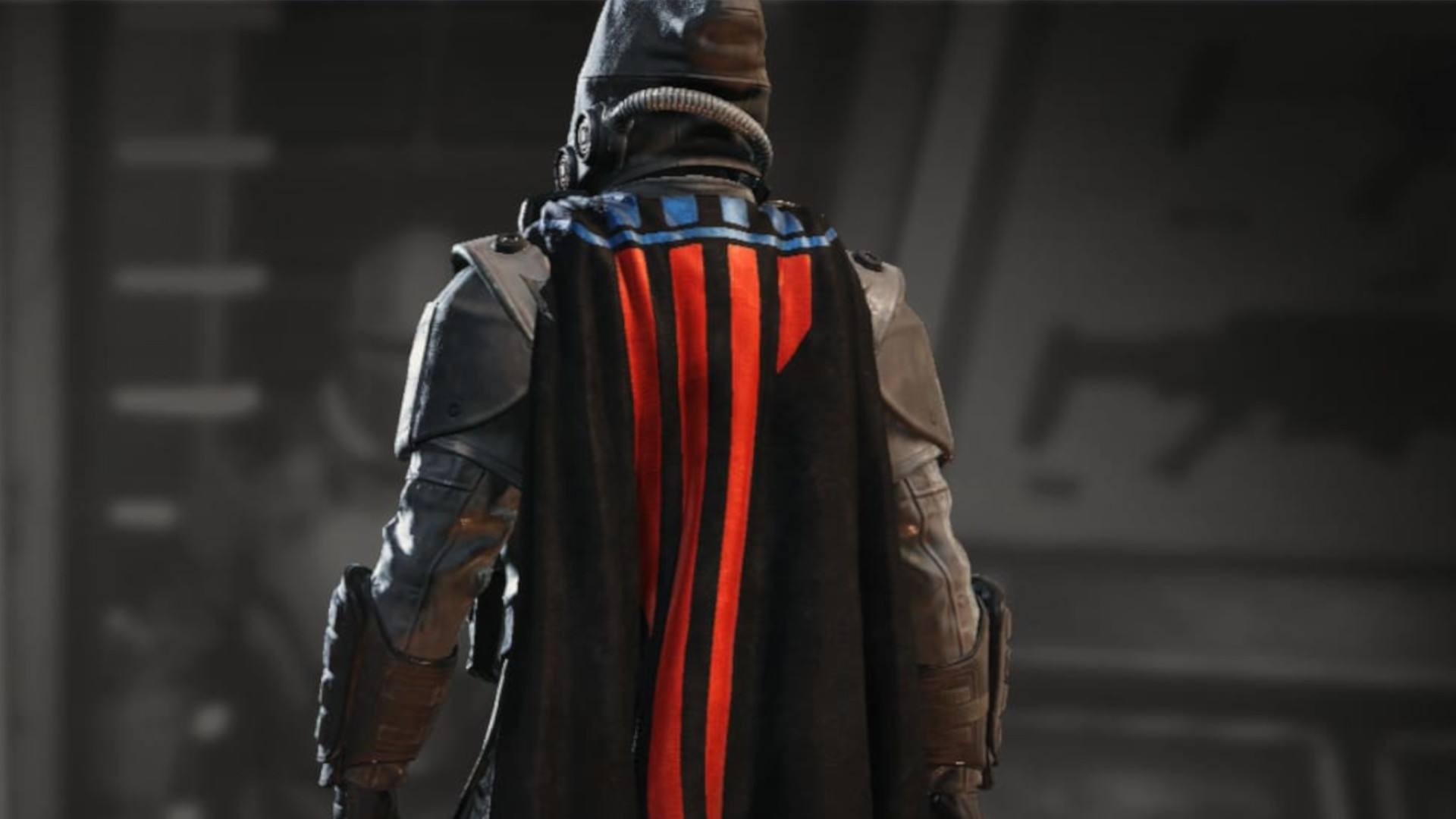 the gorgeous review bomb cape with red streaks going down and small blue blocks at the top