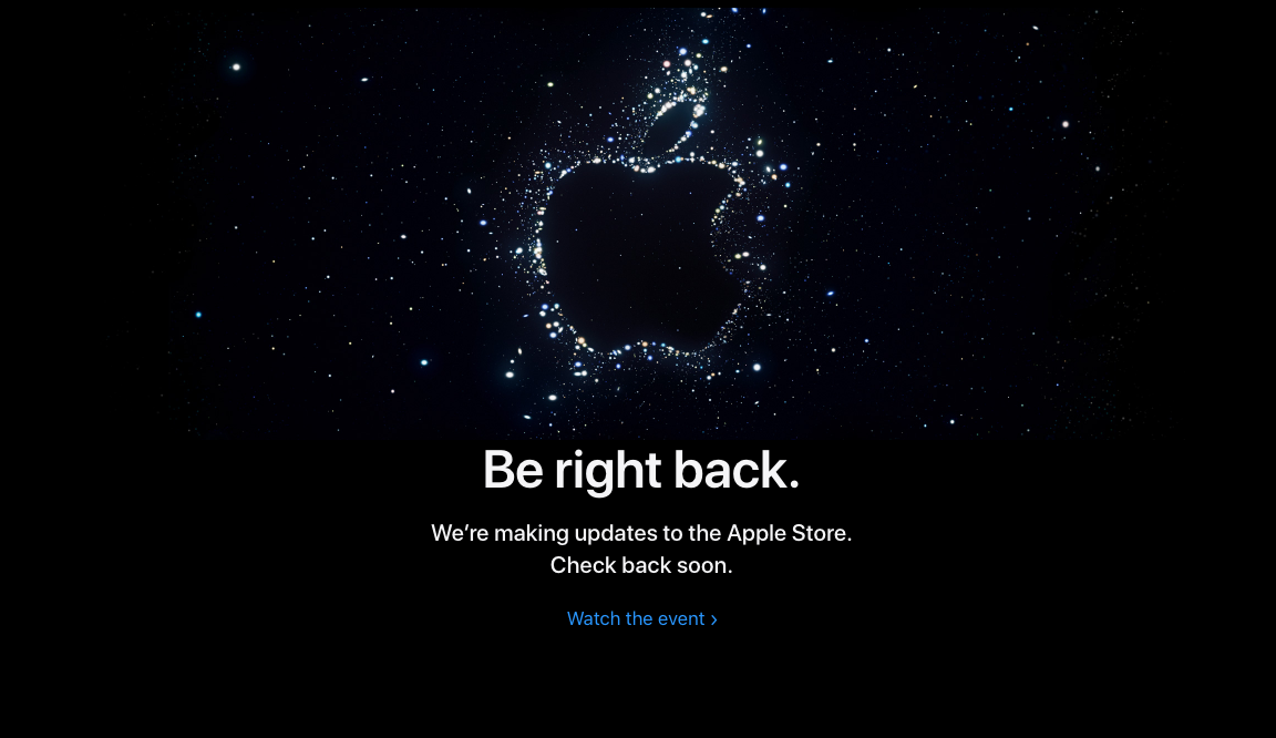 Screenshot of the Apple Store homepage which reads 'Be right back'