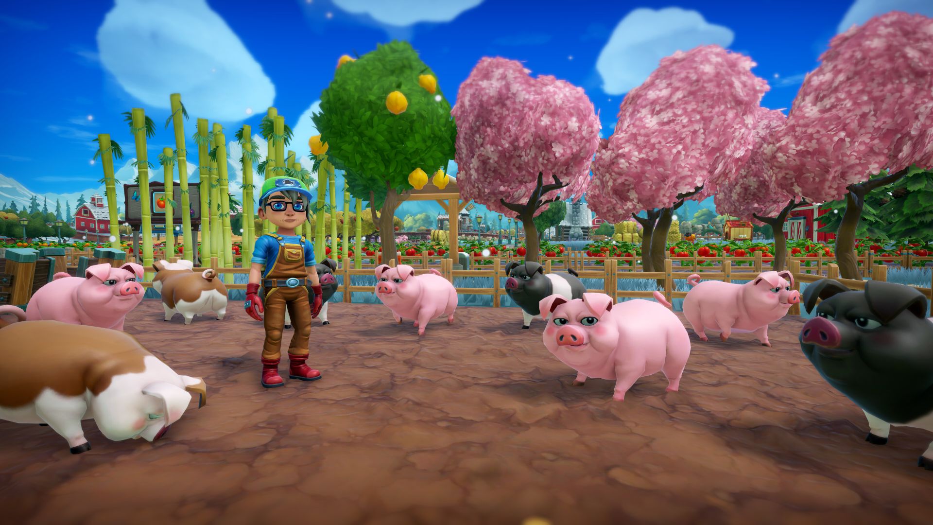 Screenshot from Farm Together 2, showing a farmer in overalls standing next to a group of pigs.