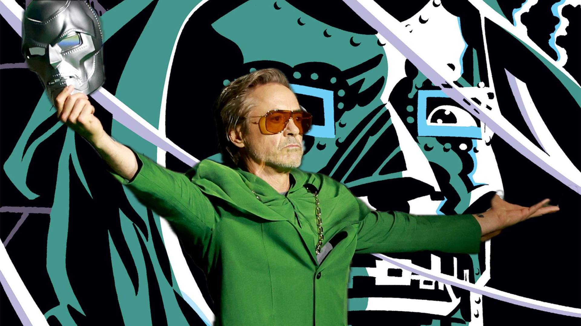 Robert Downey, Jr. brandishing a Doctor Doom mask at SDCC 2024, against the backdrop of Doom&#039;s face on the cover of West Coast Avengers #35