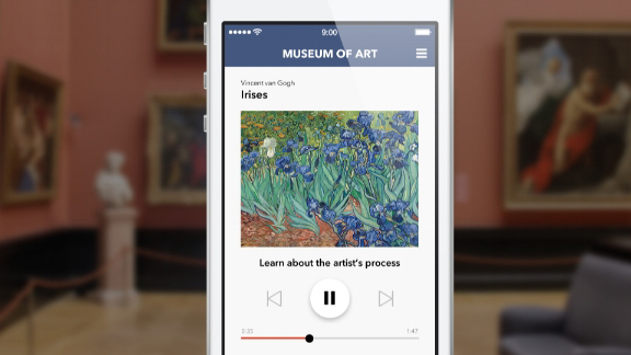Image of cuseum app on a phone in an art gallery