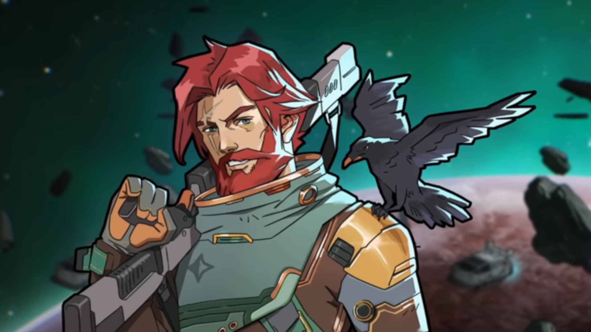 a dude with a beard and a crow on his shoulder