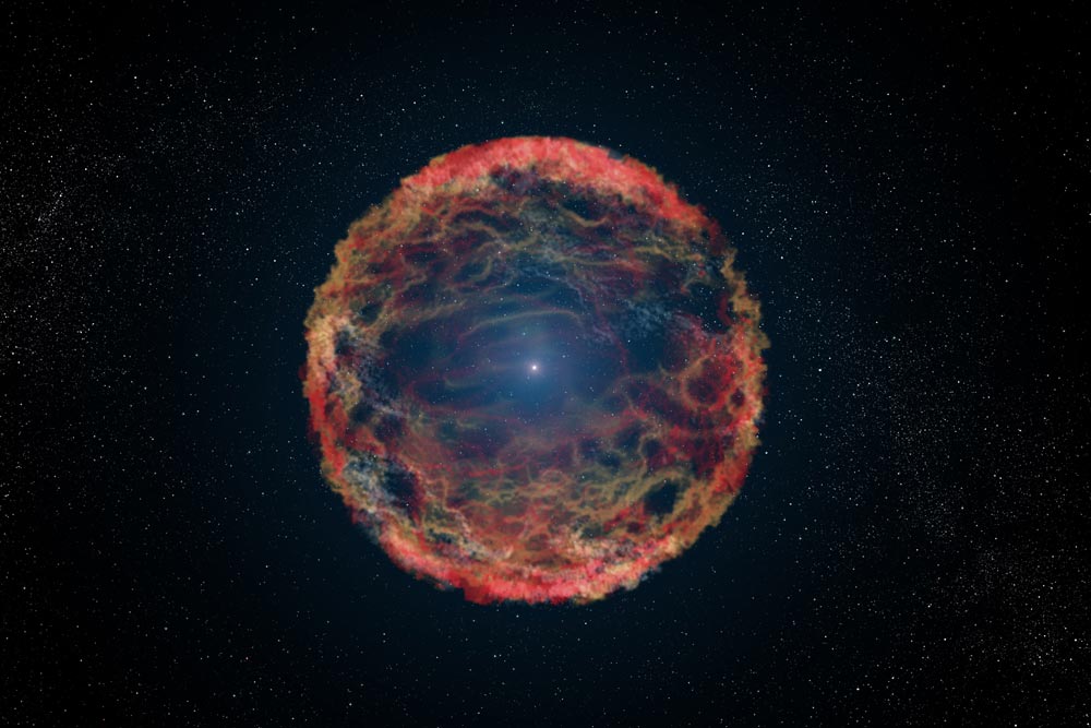 一幅由大质量恒星组成的超新星的插图.