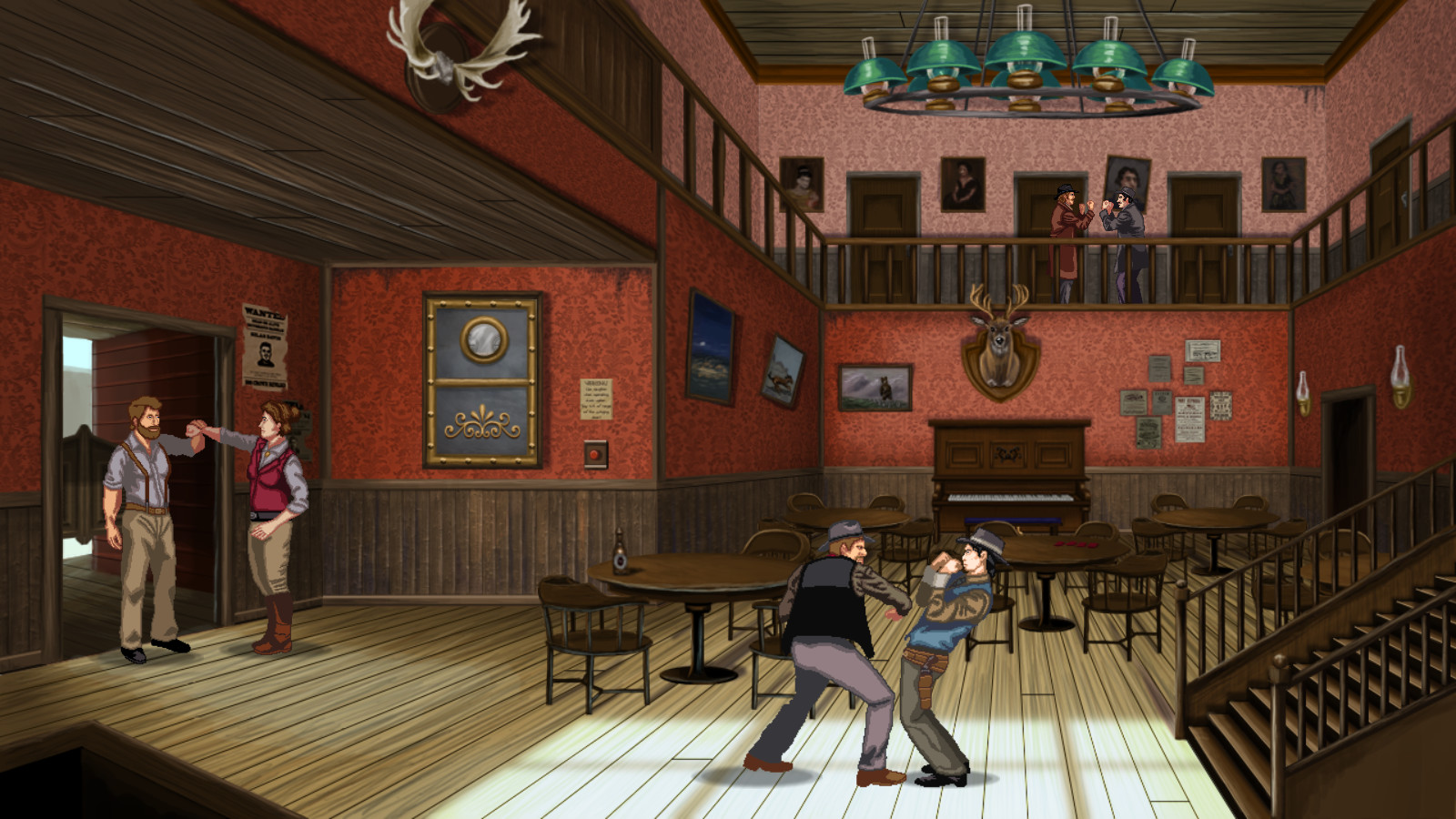 A bar fight in a Western saloon with red wallpaper, with one pair fighting in the center and another fighter catching someone's fist with their hand