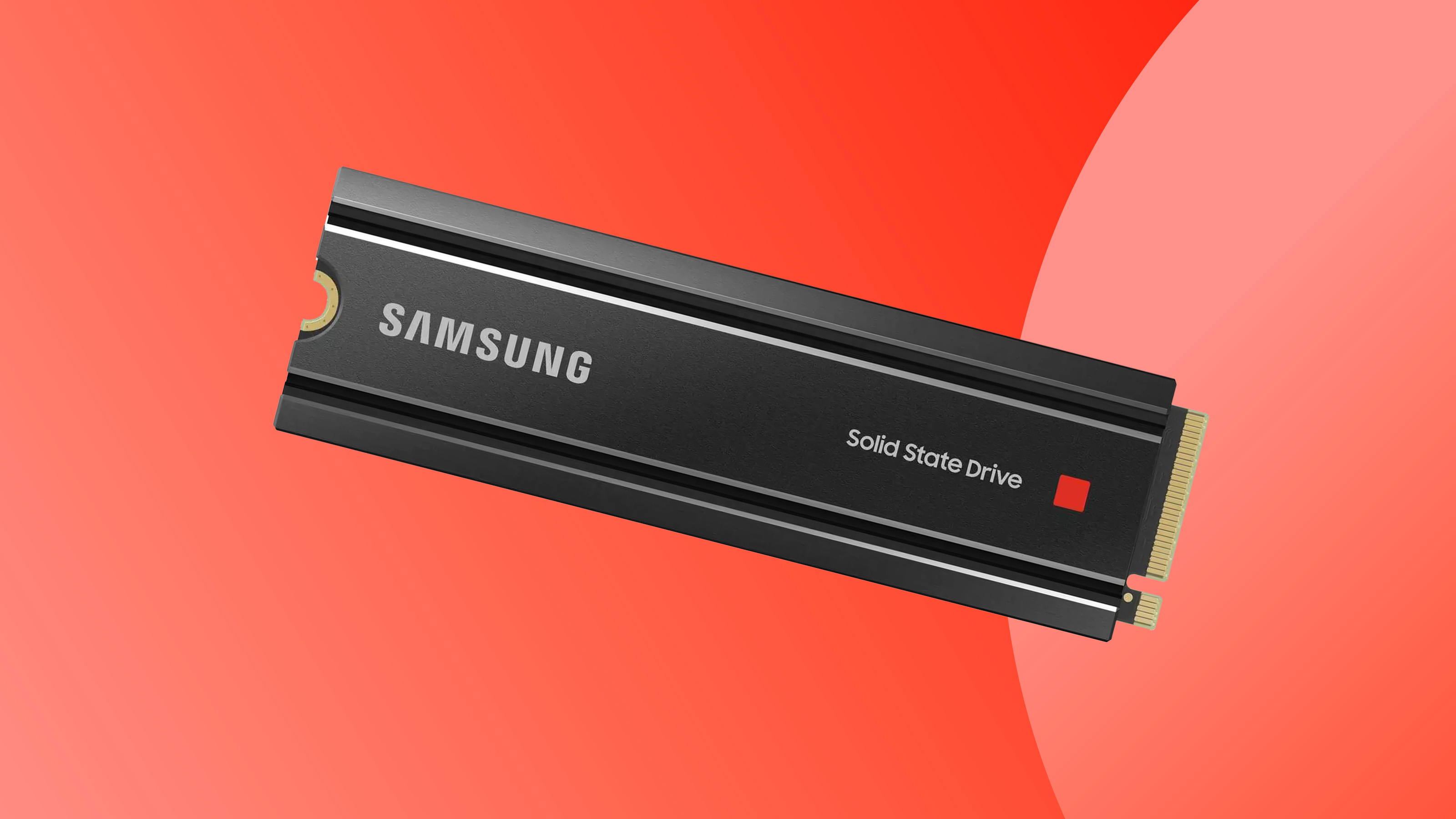 A product shot of the Samsung 980 Pro internal SSD on a colourful background