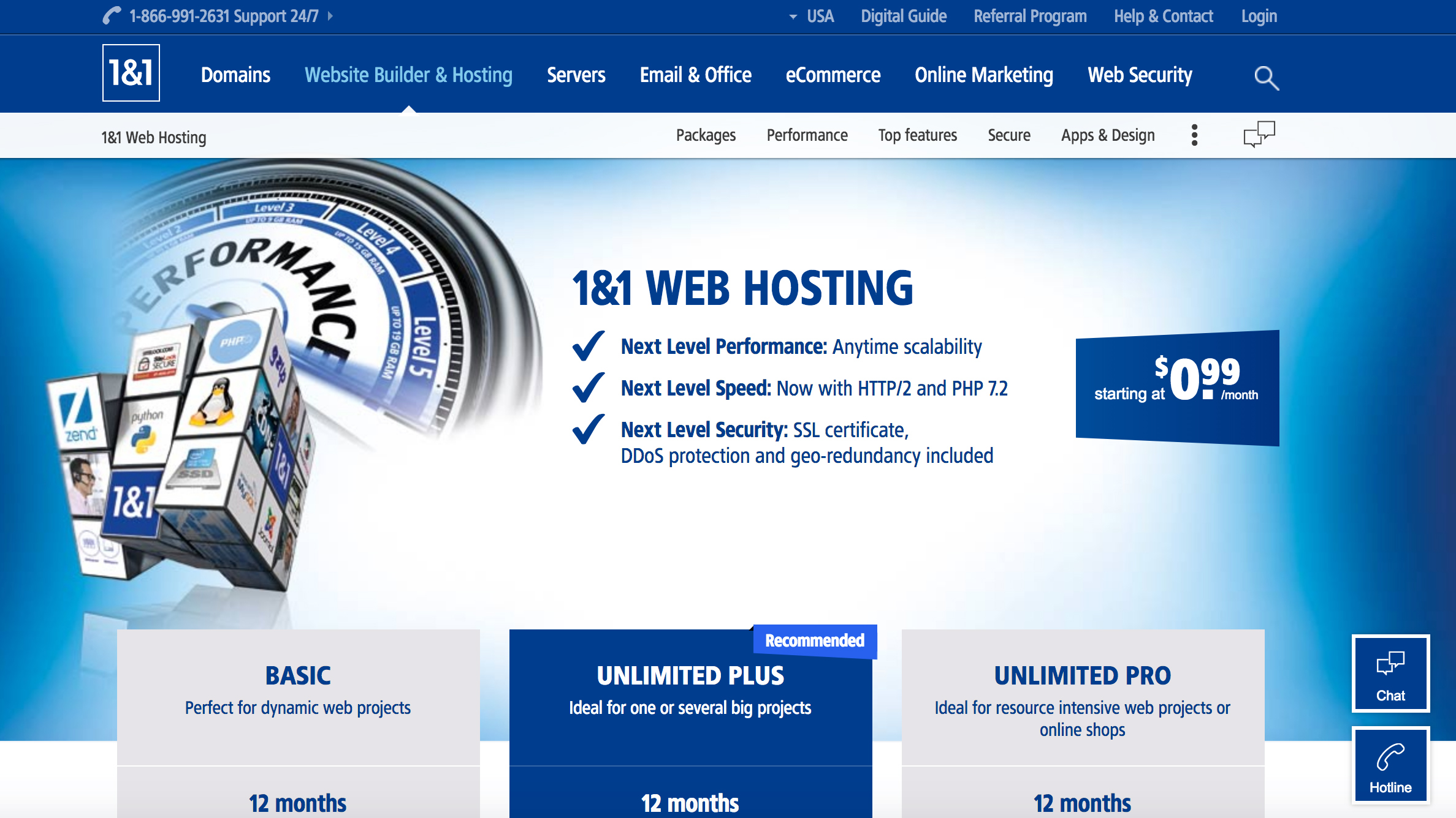 1&1 Web Hosting homepage 