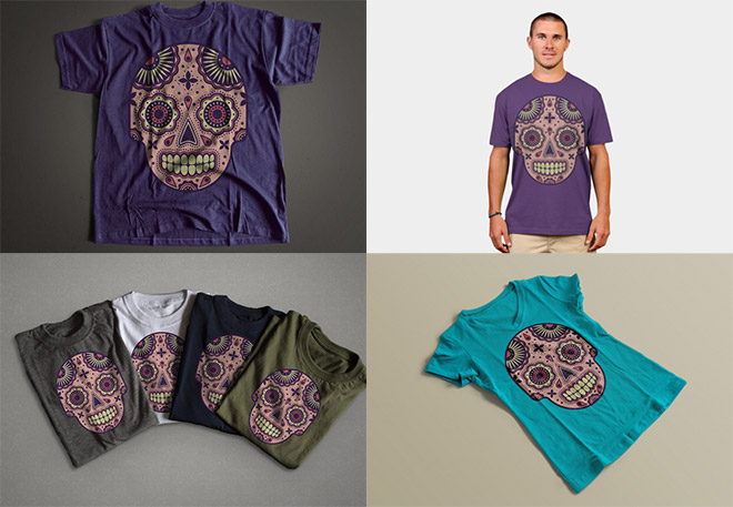 Skull illustration on several T-shirts