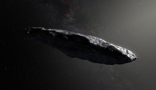 An artist's depiction of the first identified interstellar object to visit our solar system, 'Oumuamua.