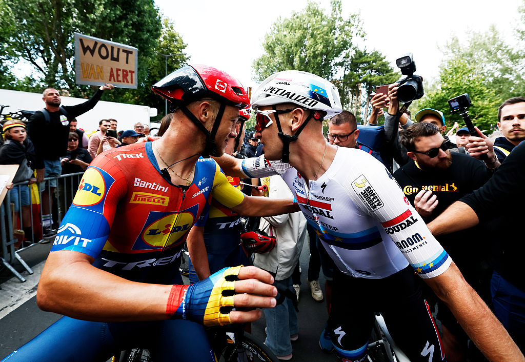 DUNKERQUE, FRANCE - JULY 07: (L-R) The second classified Jonathan Milan of Italy and Team Lidl - Trek and stage winner Tim Merlier of Belgium and Team Soudal Quick-Step congratulate each other at finish line during the 112th Tour de France, Stage 3 a 178.3km stage from Valenciennes to Dunkerque / #UCIWT / on July 07, 2025 in Dunkerque, France. (Photo by Benoit Tessier - Pool/Getty Images)
