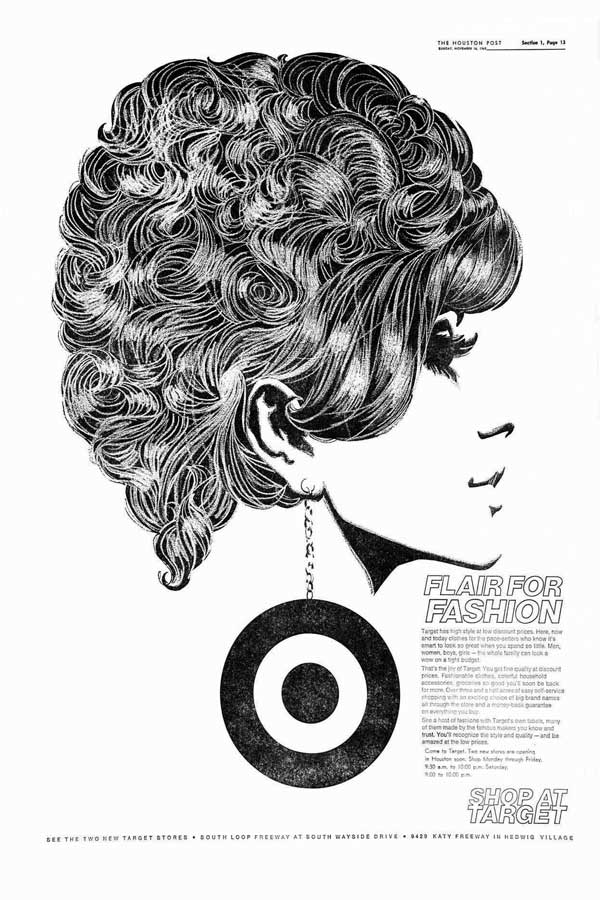 Illustration of a woman's face, side on, with a large earring doubling as the Target logo