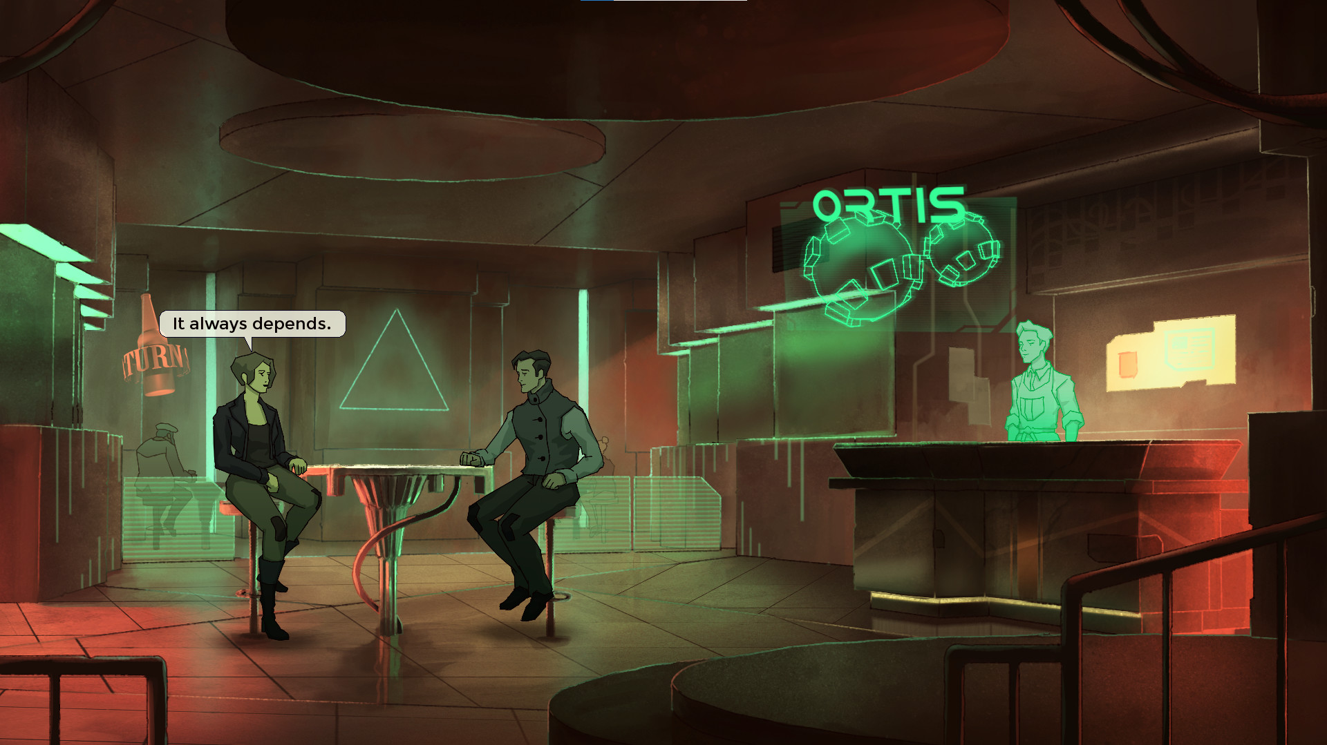 Two characters sat in a futuristic room with green lighting, with the one on the left saying "it always depends"