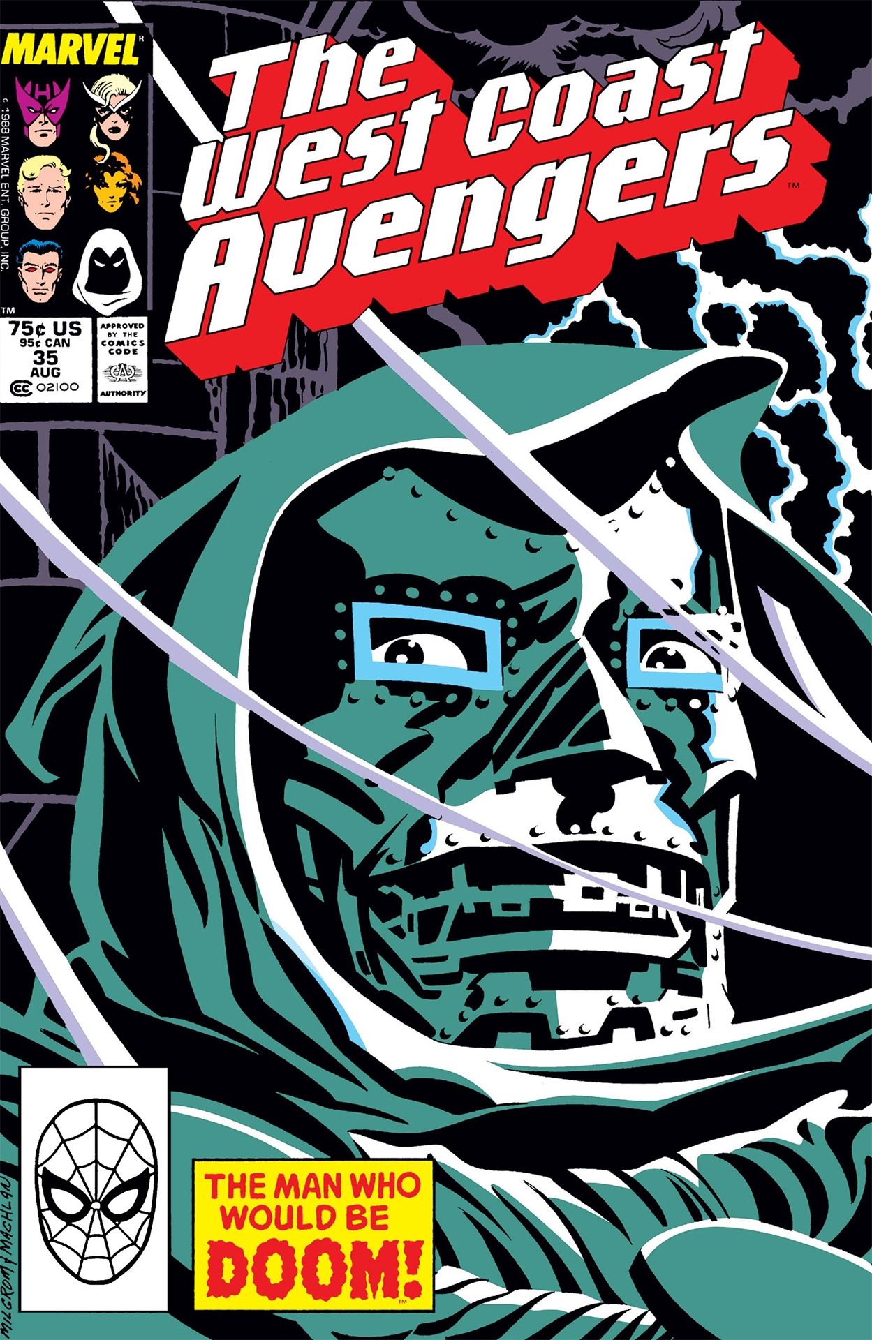 Doctor Doom looking menacing on the cover of West Coast Avengers #35