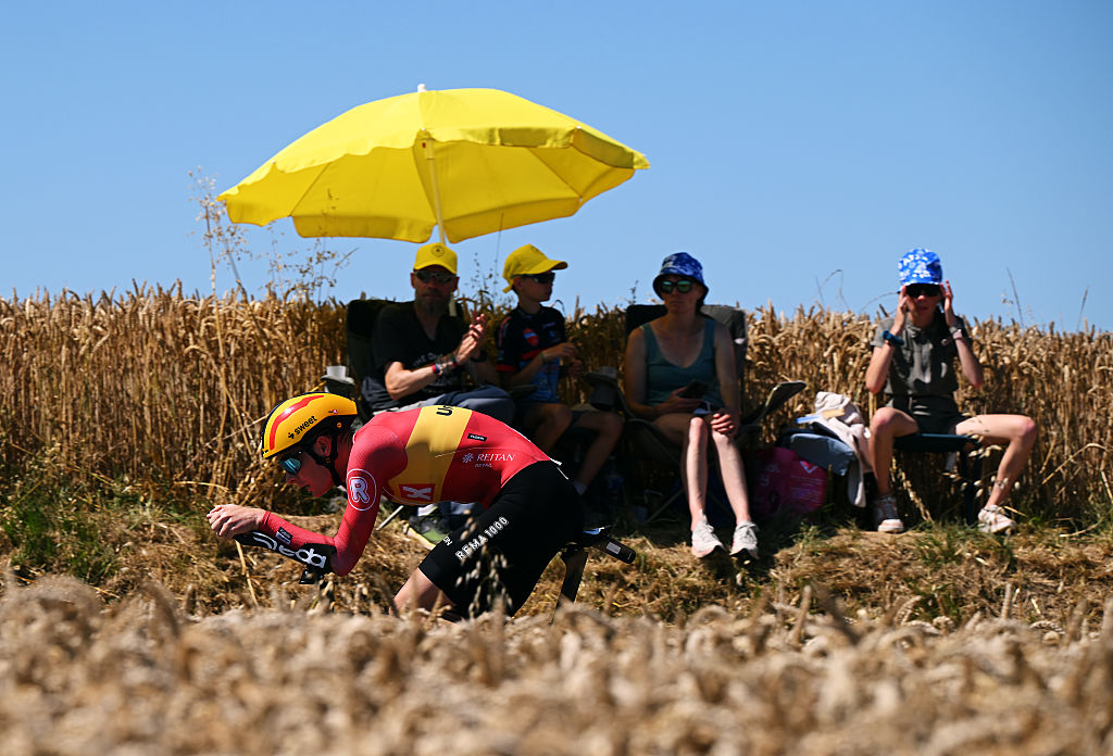 Tour de France 2025 stage 5: Markus Hoelgaard (Uno-X Mobility) flashes past some spectators