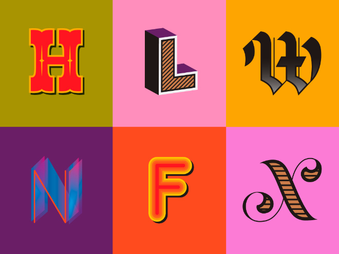Six stylish letters against colourful backgrounds