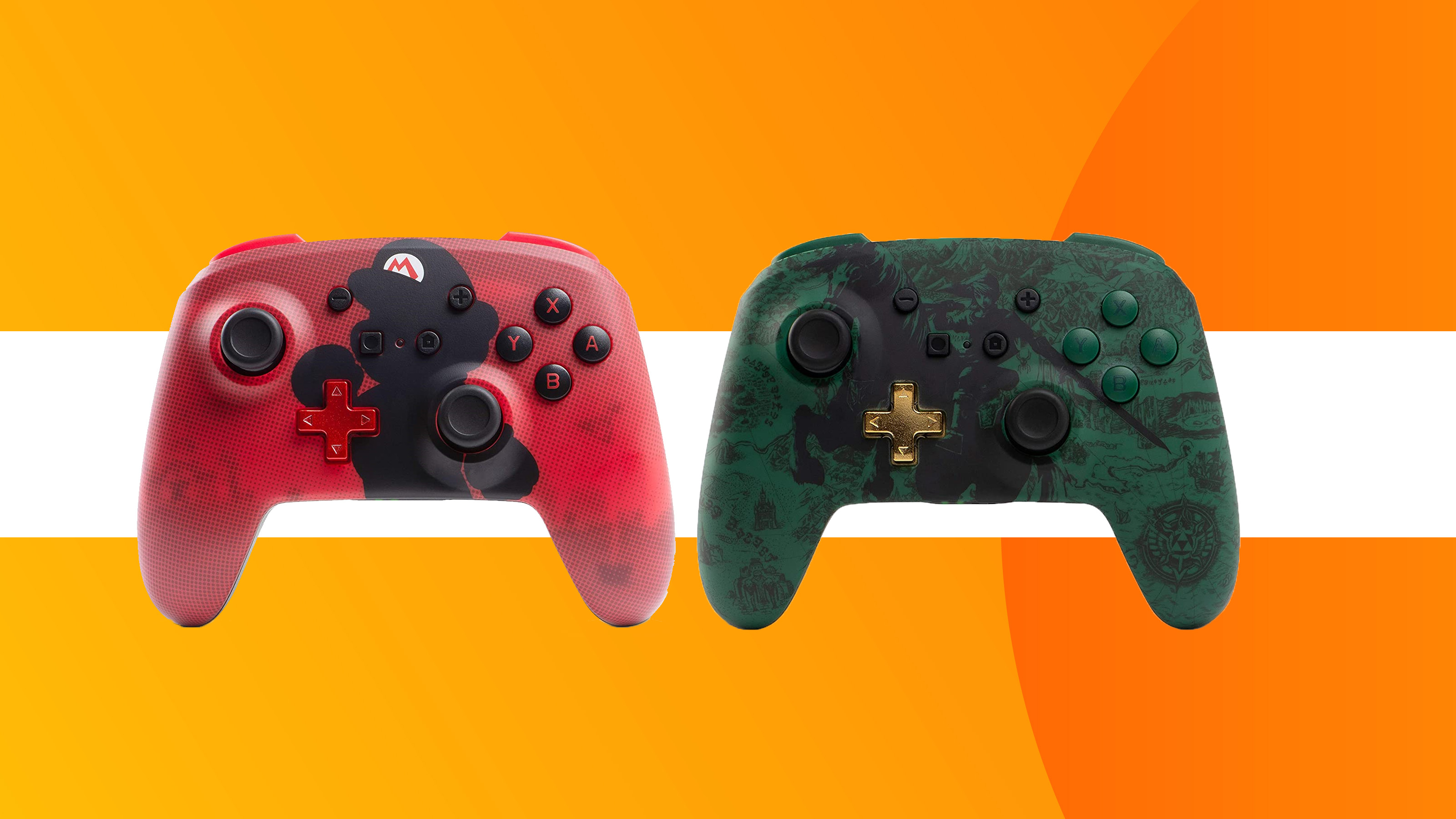 Product shots of the PowerA Switch pads on a colourful background