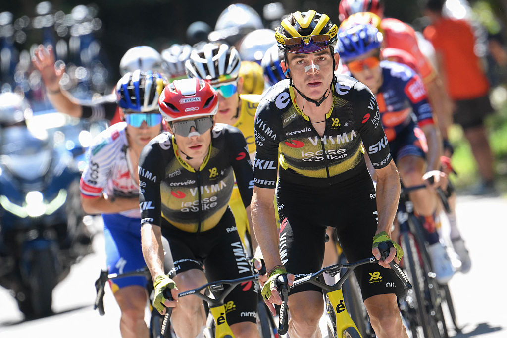 (From L) Red Bull - BORA - hansgrohe team&#039;s Slovenian rider Primoz Roglic, Team Visma - Lease a bike team&#039;s Danish rider Jonas Vingegaard, Team Visma - Lease a bike team&#039;s US rider Sepp Kuss cycle in the ascent of Mont Ventoux during the 16th stage of the 112th edition of the Tour de France cycling race, 171.5 km between Montpellier and Mont Ventoux, southern France, on July 22, 2025. (Photo by Bernard PAPON / AFP) (Photo by BERNARD PAPON/AFP via Getty Images)