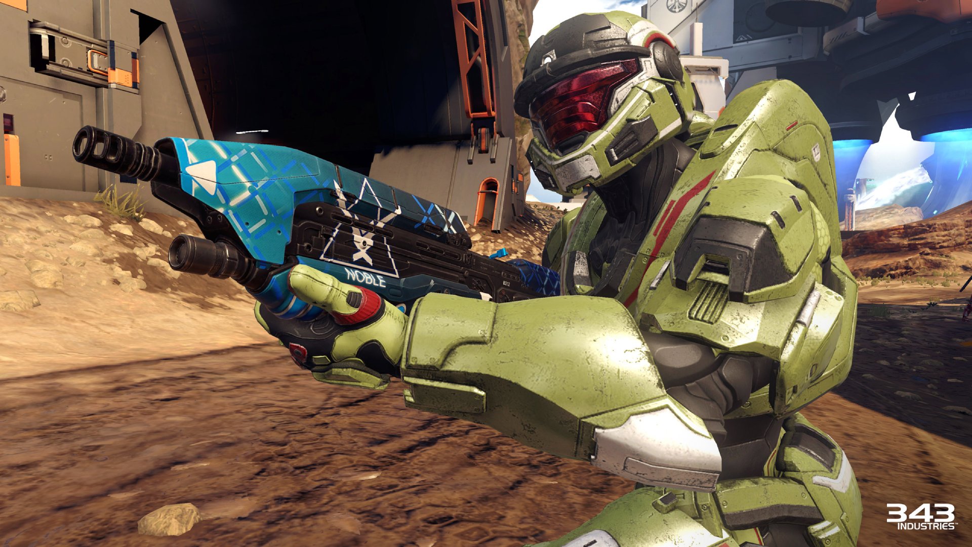 Halo 5: Guardians screenshot of a spartan in green armor pointing a gun