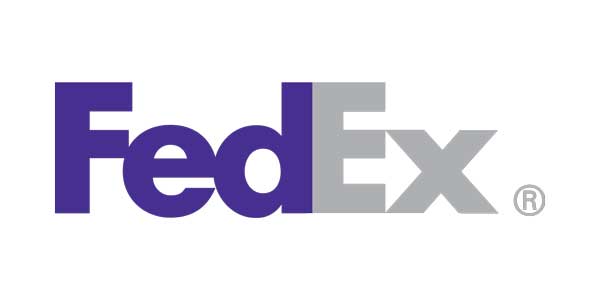 The FedEx logo in grey and purple