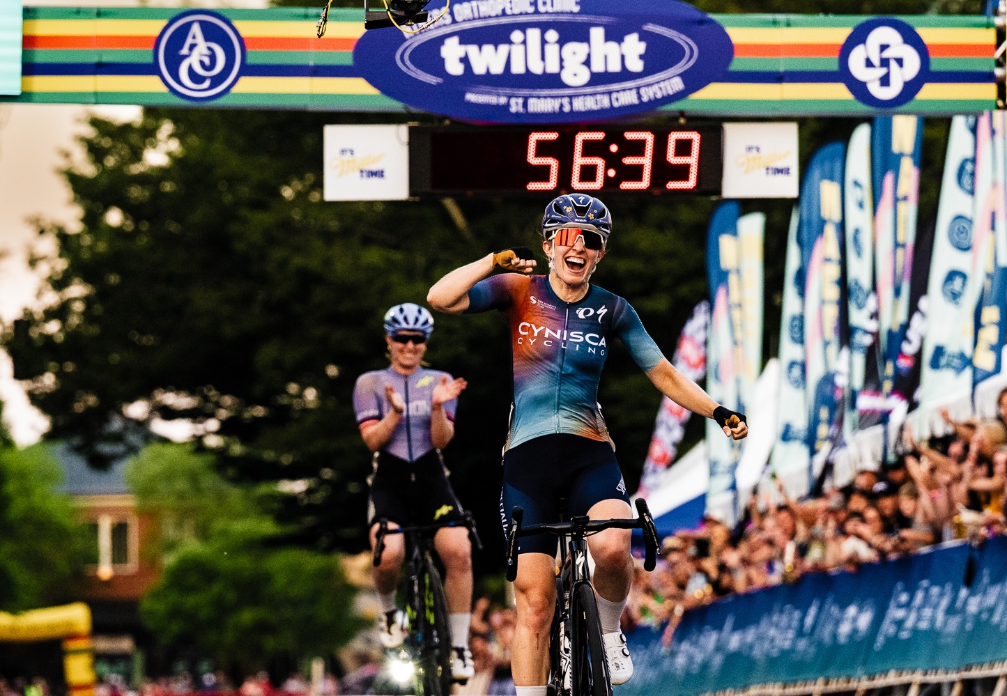 Alexis Magner (Cynisca Cycling) won her third consecutive Athens Twlight Criterium in 2025, her sister Kendall Ryan (L39ION of Los Angeles) finishing third