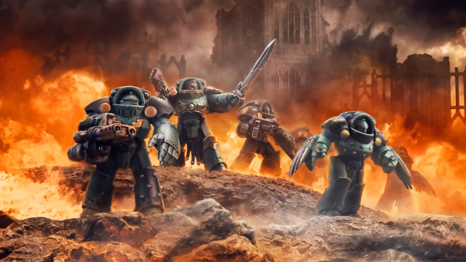 Warhammer: The Horus Heresy Terminators stride forward in a flaming battlefield