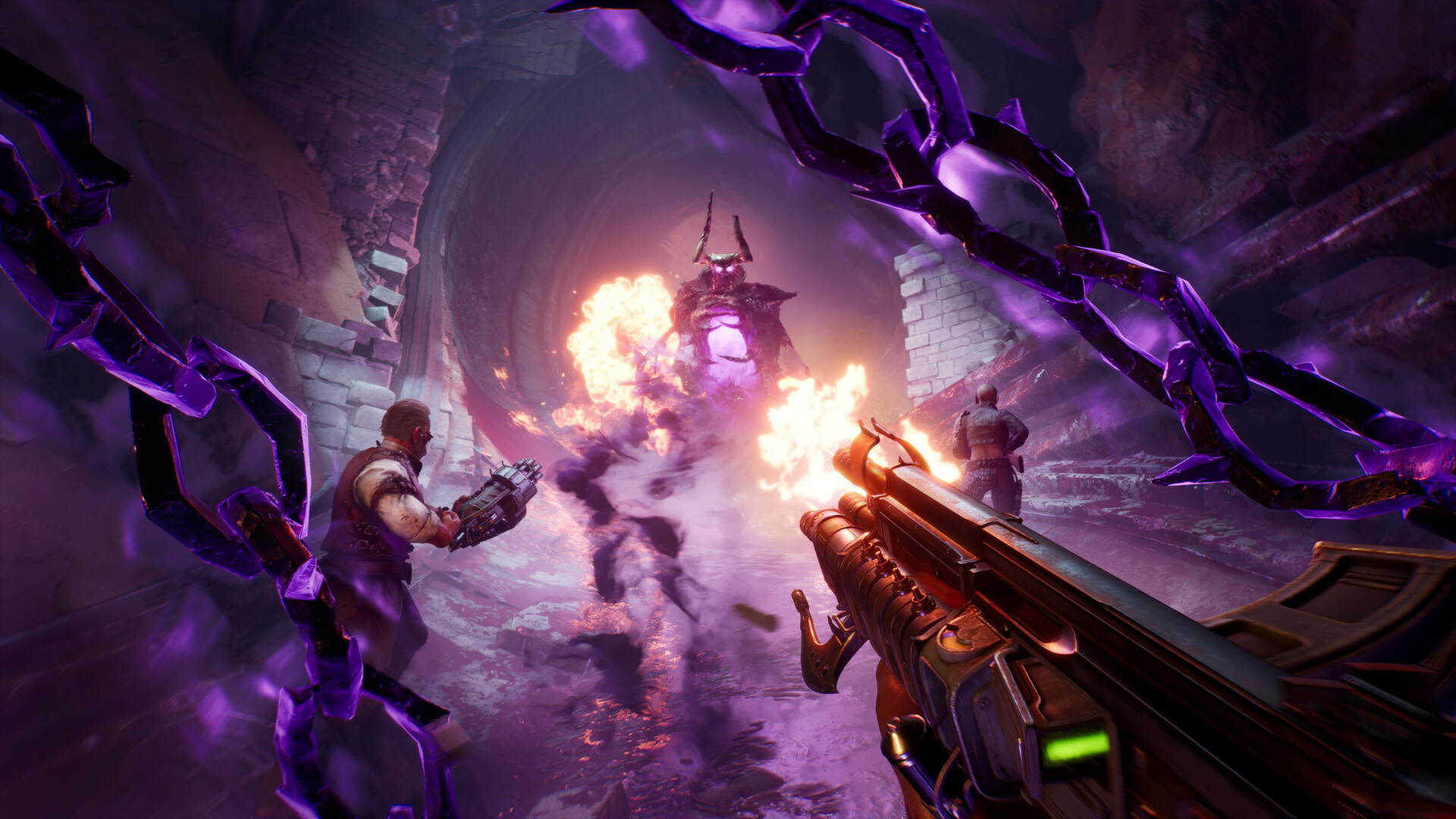 A screenshot of players fighting an armored demon in Painkiller while purple chains wrap around our view