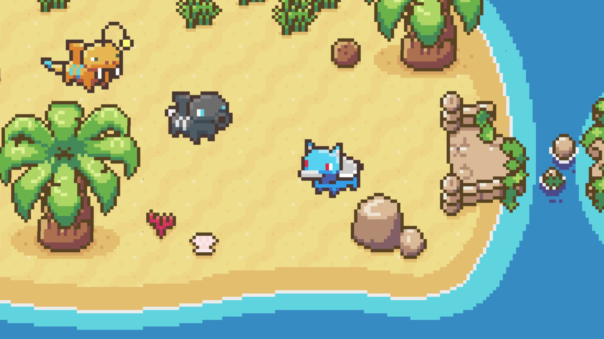 Screenshot of Whimside, showing pixel art of creatures on the beach.