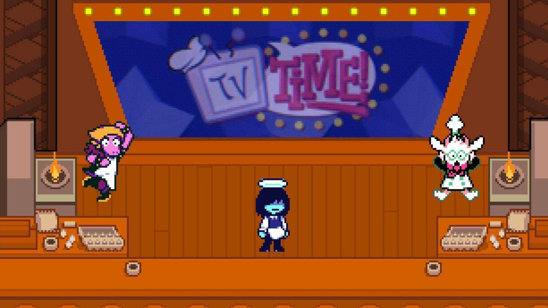A zoomed-in screenshot from Deltarune Chapter 3, showing Susie, Kris, and Ralsei participating in the cooking show.
